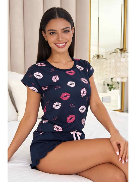 Piżama damska granatowa bawełniana - Kiss short granat - 2