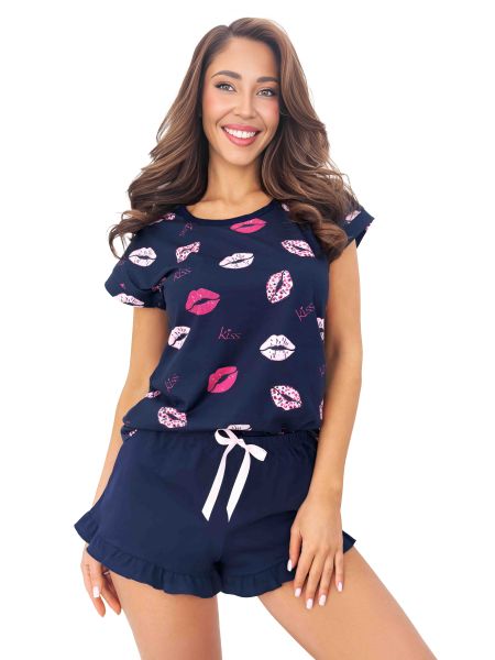 Piżama damska granatowa bawełniana - Kiss short granat - 3